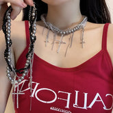 Lunivop Grunge Y2K Unique Pearls Entwined Chain Choker with Fringes Crucifix Charm Necklace Jewelry