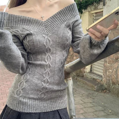 Lunivop Korean Style Grey Sexy Sweater Women Sweet Off Shoulder V-neck Knitted Pullover Slim Up Fashion Long Sleeve Sweaters