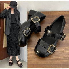 Lunivop Spring Retro Designer Women Mary Jane Shoes New Round Toe Shallow Chunky Heel Shoes Metal Buckle Non-slip Block Heel Pumps