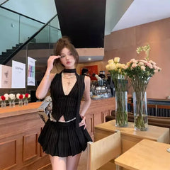 Lunivop Summer Y2k Lace Patchwork V-neck Striped Slim Fit Vest for Women New Ruched A-line Skirts Black Two Piece Sets