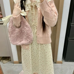 Lunivop Fairycore Pink Y2k Hand Bag Women Harajuku Aesthetic Bow Plush Chic Shoulder Bags Female Hot Girls Handbag Messenger Bag