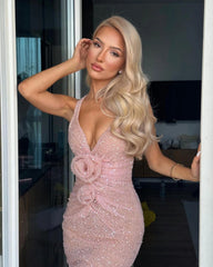 Lunivop Sparkle V-neck Sequins Light Pink See Through Mermaid Dress Floor Length Prom Dresses Custom Made Ever Pretty Evening Dresses