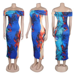 Lunivop Tie Dye Printing Bodycon Midi Dresses for Women Elegant Off the Shoulder Slash Neck Slim Fit Party Dress Holiday