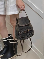 Lunivop Vintage Denim Mini Backpack Women Retro High Street Pocket Chain Chic Y2k Mochila Girls Casual Backpacks Aesthetic