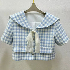 Lunivop Fashion Checkered Print 2 Piece Set Women's Short Sleeve Bow Tops Casual Shorts 2025 Summer New Tide