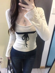 Lunivop Korean Style Sexy T-Shirts Women Sweet Coquette Two Piece Sets Long Sleeve Tops Fashion Aesthetics Patchwork T-Shirts