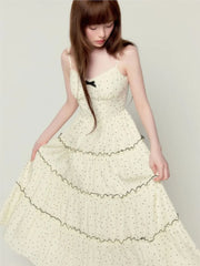 Lunivop Sweet Gentle Style Polka Dot Print Long Camisols Cake Dresses Women's Summer Spliced Lace V-neck Sleeveless Bow Suspender Dress