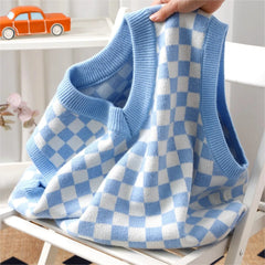 Lunivop Checkered Sweater Vest Women Blue and White Checkerboard Sleeveless Knit Top Teen-girl Y2K Preppy Style Outfit