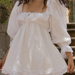 Lunivop Sweet Women Hollow Out Embroidery Ruffles Square Collar Mini Dress White Puff Sleeve Elastic Ruched Waist Holiday Robe