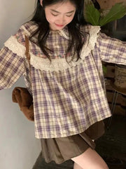 Lunivop Japan Cute Plaid Shirts Women Vintage Peter Pan Collar Kawaii Blouse Preppy Style Loose Long Sleeve Lady Lace Patchwork Top