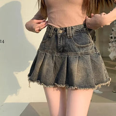 Lunivop Vintage Denim Skirt Women Pleated Sexy Short Skirts Retro Korean Fashion Aesthetics Casual A-line Streetwear Jean Skirt