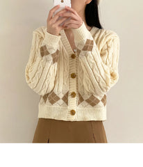 Lunivop Argyle Cable Knit Cardigan Sweater for Women Teen-girl Cozy Knitted Button Up Boxy Fit Sweater Preppy Chic Outfit