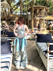 Lunivop Y2k Long Sleeve Knitted Cardigan+ Sexy Slim Fit Vest Top for Women+ Hollow Out Lace Up Camisole Summer Three Piece Sets