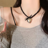 Lunivop New Trendy Simple Black Ribbon Bow Silver Heart Pendant Pearl Necklace for Women Niche Design Imitation Pearl Party Jewelry