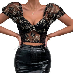 Lunivop Euramerican Elegant Exquisite Flower Embroidery Summer Shirts All Match Sexy See-through Mesh Tank Tops Y2k Side Cross Strap Tee