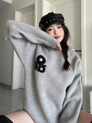 Lunivop Vintage Gray Hooded Sweaters Women Lazy Wind Long Sleeve Loose Letter Knitted Jumper Casual American Retro Fall Pullovers