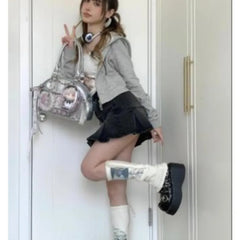 Lunivop Japanese Silver Ita Bags Women Sweet Cool Girls Pu Leather Bowling Bag Handbag Female Harajuku Aesthetic Underarm Bag