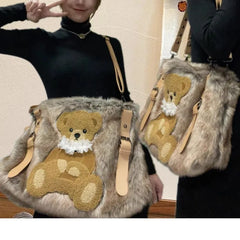 Lunivop Vintage Bear Plush Y2k Handbag Women Hot Girl Sweet Casual Brown Shoulder Crossbody Bag Female Large Capacity Cute Purse