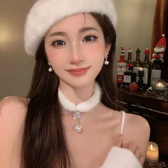 Lunivop Winter Cute Sweet Feather Plush Snowflake Pearl Choker Necklace for Women Chirstmas Party Choker Necklace Jewelry Gift