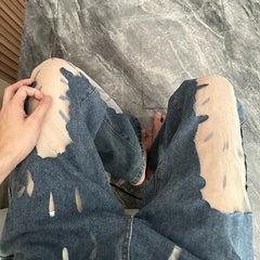 Lunivop High Street Hollow Mesh Patchwork Casual Jeans Women Summer New High Waist Distressed Washed Denim Wide Leg Pants