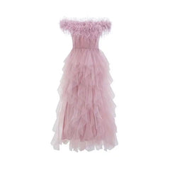 Lunivop Ruffles Edge Strapless Evening Dress Women Slash Neck Fashion Elegant Backless Puffy Dresses Female 2025 Spring New