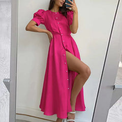 Lunivop Summer New Solid Color Slim Fit High Waisted Cardigan Single-Breasted Midi Dresses Short Sleeve A-Line Party Dresses