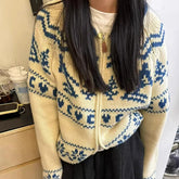 Lunivop Fair Isle Knit Zip Up Sweater Cardigan Women Zipper Front Sweater Jacket Cozy Knitwear Teen-girl Fall Winter Vintage Outfit
