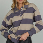 Lunivop Women Y2K Vintage Retro Striped Contrast Color Pullover Top Button Turn-down Collar Long Sleeve Loose Jersey T-Shirts