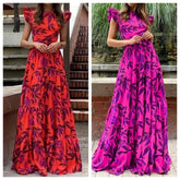 Lunivop Womens Dresses Spring New Fashion Printed Temperament Flying Sleeves High Waist Casual Long Dress