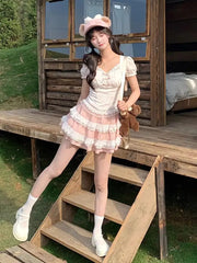Lunivop Fashion Sweet Puff Sleeve Bow Top Women+ Y2k Sexy Slim Waist Lace Patchwork Cake Skirts Sumemr New Two Piece Sets
