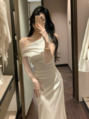 Lunivop Summer French Slim Dress Women Casual Sleeveless Slant Shoulder Dress Evening Party Elegant One Piece Dress Korean Fashion