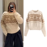 Lunivop Women's Knitted Pullover Women Fashion Long Sleeve Vintage Jacquard Short Sweater New Casual Loose Knitwear Tops 