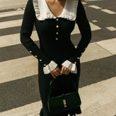 Lunivop Elegant Knitted Long Skirt Women Black Vintage Long Sleeve Party Dresses Sweet Ruffle Patchwork Sweater Maxi Dress Slim