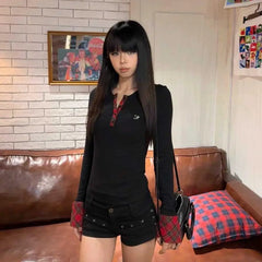 Lunivop Y2k Vintage T Shirt Women Pathwork Long Sleeve Skinny Plaid Grunge Tops Streetwear American Retro 90s Tshirts Autumn