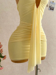 Lunivop Women's Sexy Deep V-Neck Halter Tie Ruched Mini Dress Yellow Beach Vacation Party Dress