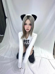 Lunivop Hooded Cat Ear Tshirts Y2k Letter High Waist White Sexy Tees Korean Slim Vintage Crop Tops Women Hiphop Grunge Camisetas