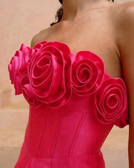 Lunivop Fashion Straight Rose Flower Satin Mini Prom Party Dress Handmade Flowers Short Cocktail Gowns Pretty Strapless Homecoming Dress