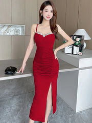 Lunivop Women Black Elegant Diamonds Square Collar Sling Long Dress Korean Vintage Luxury Evening Dress Summer Bodycon Party Dress