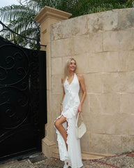 Lunivop White Halter Backless Banquet Party Dresses Long Slit Ruffles Chiffon Bridal Dress Floor Length Summer Vocation Maxi Dress Women