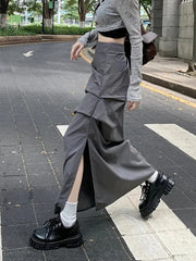 Lunivop Streetwear Retro Cargo Long Skirts Women High Waist Casual Y2K Slit Skirt American Harajuku Vintage Design Lady Slim Skirts