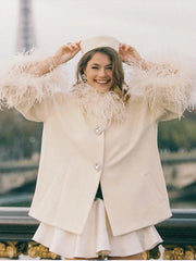 Lunivop Elegant Feather Collar Cape Coats For Women Casual Solid Single Breasted Jackets Lady Autumn Chic Loose High Street Outwear Tops