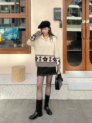 Lunivop Half Zipper Knit Cardigan Sweater Women Pullovers Cozy Loose Sweater Jacket Collared Long Sleeve Floral Print Fall Winter Outfit