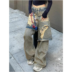 Lunivop Autumn Punk Sexy Vintage Ripped Harajuku Loose Jeans Y2K Hollow Out Trashy Pants Women's BaggyTassels Denim Trouser