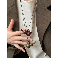 Lunivop Retro New Chinese Wooden Gourd Pendant Long Leather Rope Necklace for Women Girl Versatile Fashion Sweater Chain