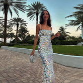 Lunivop Glitter Spaghetti Strap Sequined Party Dress Silver Sequins Mermaid Dresses Women Sexy Sleeveless Ankle Length Dress Summer