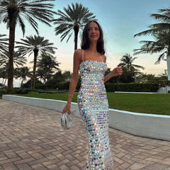 Lunivop Glitter Spaghetti Strap Sequined Party Dress Silver Sequins Mermaid Dresses Women Sexy Sleeveless Ankle Length Dress Summer