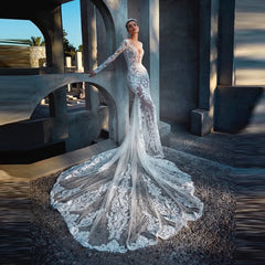 Lunivop Boho Lace Appliques Mermaid Wedding Dress Custom Made BacklessIllusion Dresses Long Sleeves Beach Bridal Gowns robes de soirée