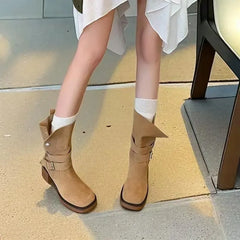 Lunivop Fashion Belt Buckle Vintage Mid-calf Boots Women Autumn Chunky Heels Western Cowboy Boots Woman PU Leather Knight Booties