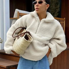 Lunivop Lamb Wool Sweatshirts for Women Elegant Long Sleeve Warm Pullovers Autumn Winter Casual Loose Basic Tops 2024 Beige