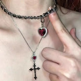 Lunivop Double Layered Leather Red Crystal Heart Pendant Necklace for Women Exquisite Cross Earrings Collarbone Chain Gothic Jewelry Set